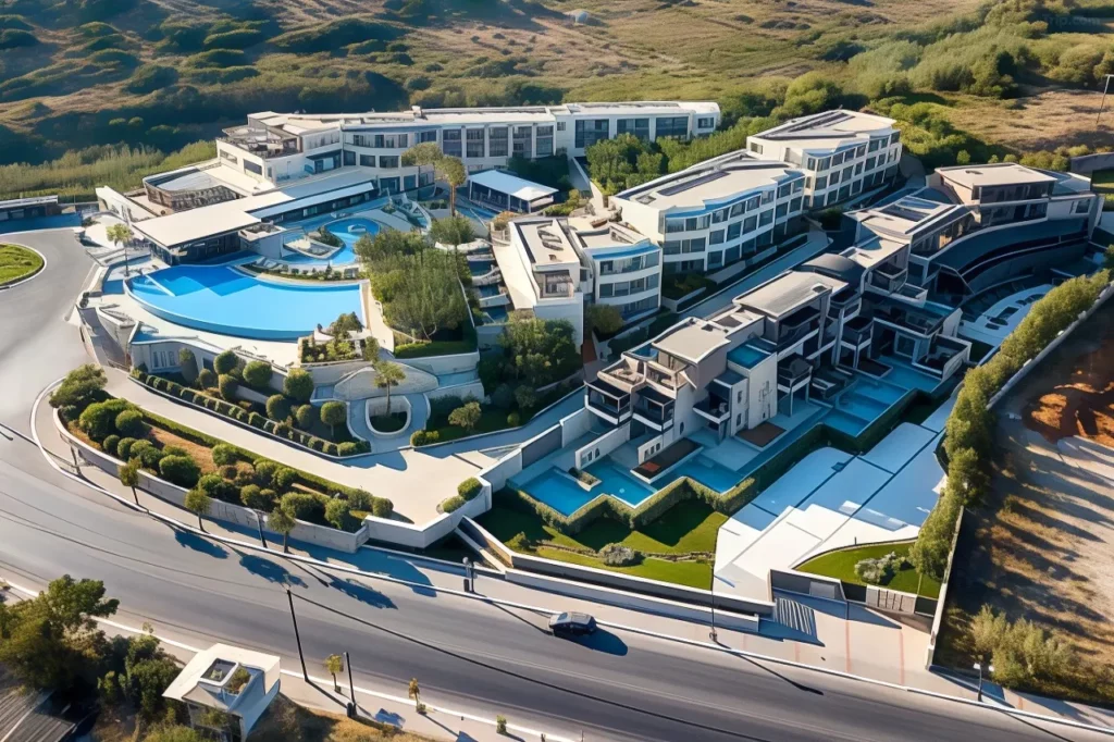 Sunlit infinity pool at Crete’s Cretan Dream Royal Hotel, flanked by private cabanas and panoramic views of the Aegean coastline.